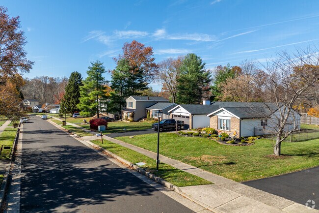 Ranch-style homes line quiet streets in Richboro’s older communities.