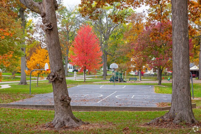 Klug Park has a centrally located basketball court for playing games.