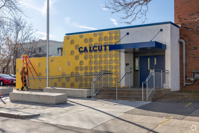 Side view of the main entrance at Calcutt Middle School in Central Falls, RI.