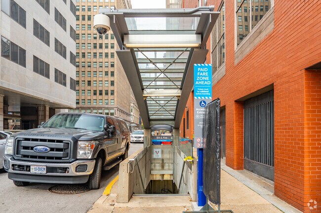 Downtown West offers its residents access to MetroLink, a public train in St. Louis.