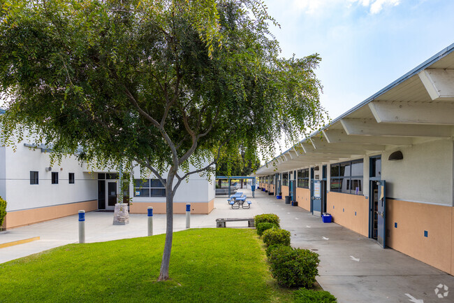 Adams Middle School's rows of classrooms in Redondo Beach, CA.