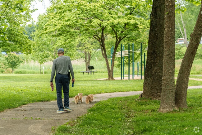 The many mature, leafy trees offer welcome shade along New Garden Park’s walking paths.