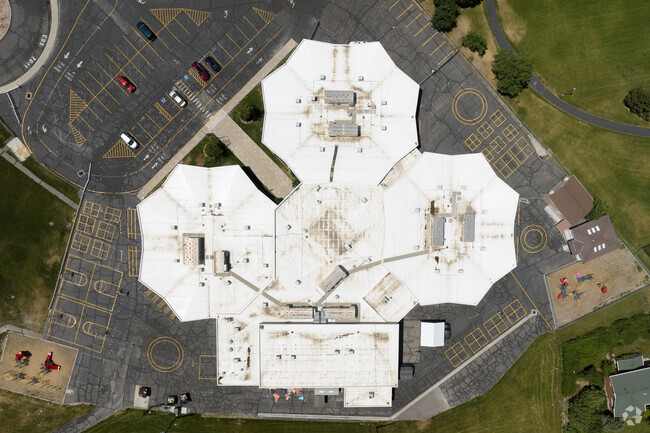 An aerial view shows the interesting snowflake shapes at Parkside Elementary School.