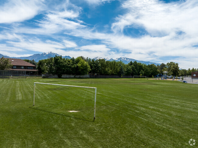 A vibrant green soccer field at McMillan Elementary School under a blue summer sky.