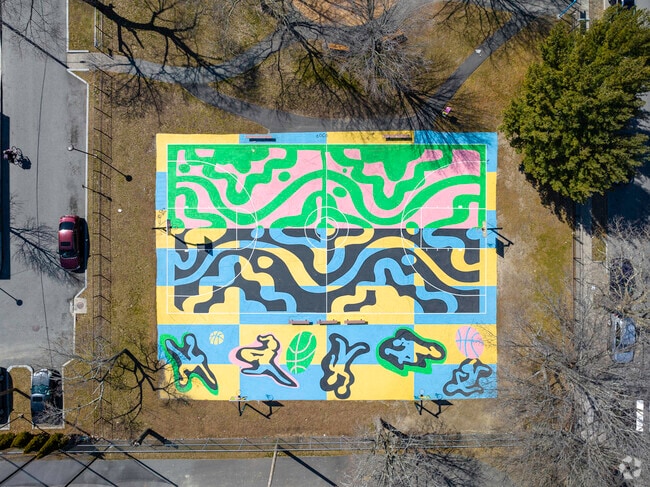 Observe vibrant basketball court floor artwork from an aerial perspective in Federal Hill.