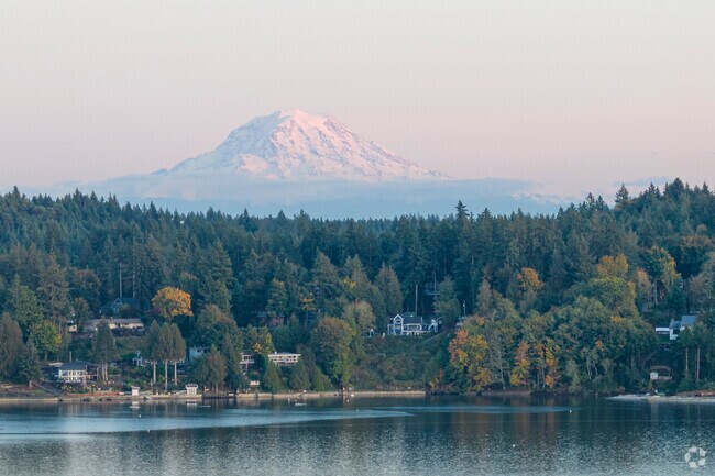 Mount Rainier rises behind opulent Canterwood homes near Purdy Sand Spit.