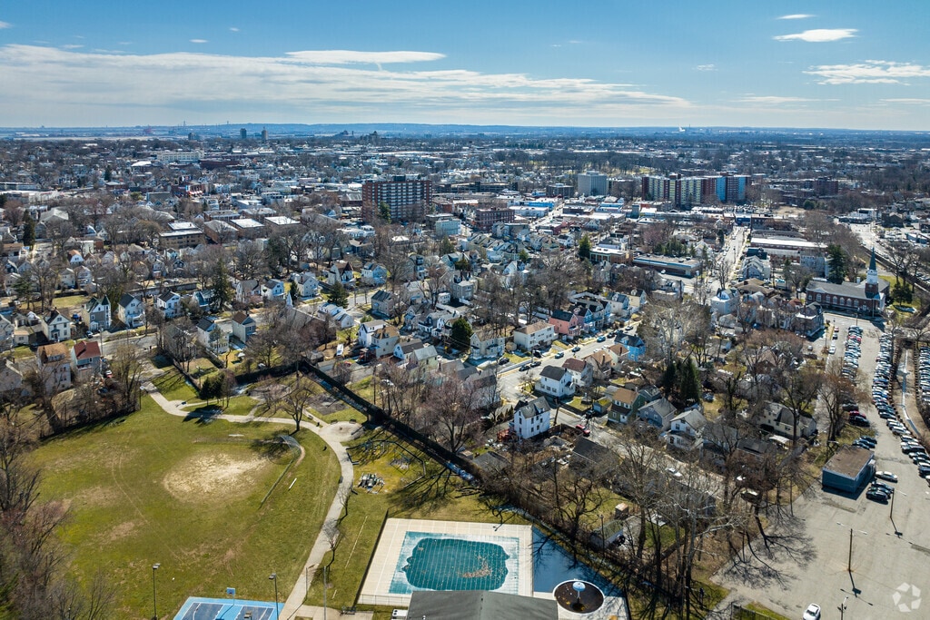 The aerial view of the neighborhood of Irvington has quite an urban feel.