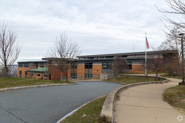 The front right side of Matthew J. Kuss Middle School in Fall River, Massachusetts.