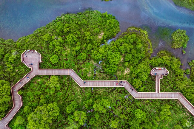 A bird's eye view of Potter Marsh Wildlife Viewing Boardwalk in Old Seward-Oceanview.