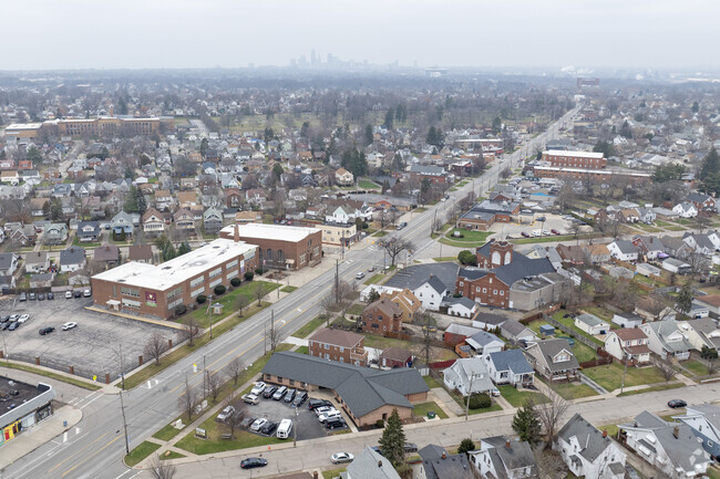 Aerial view of Old Brook High School and surrounding neighborhoods.