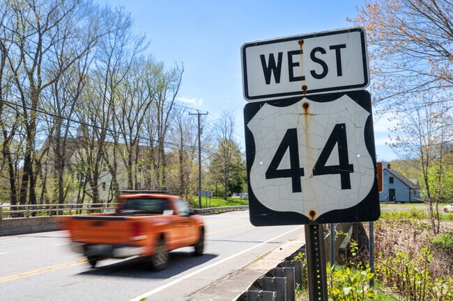 Route 44 winds through Eastford with fields, woods, and charming country views.