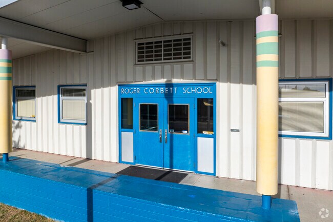 The front doors at Roger Corbett Elementary School.