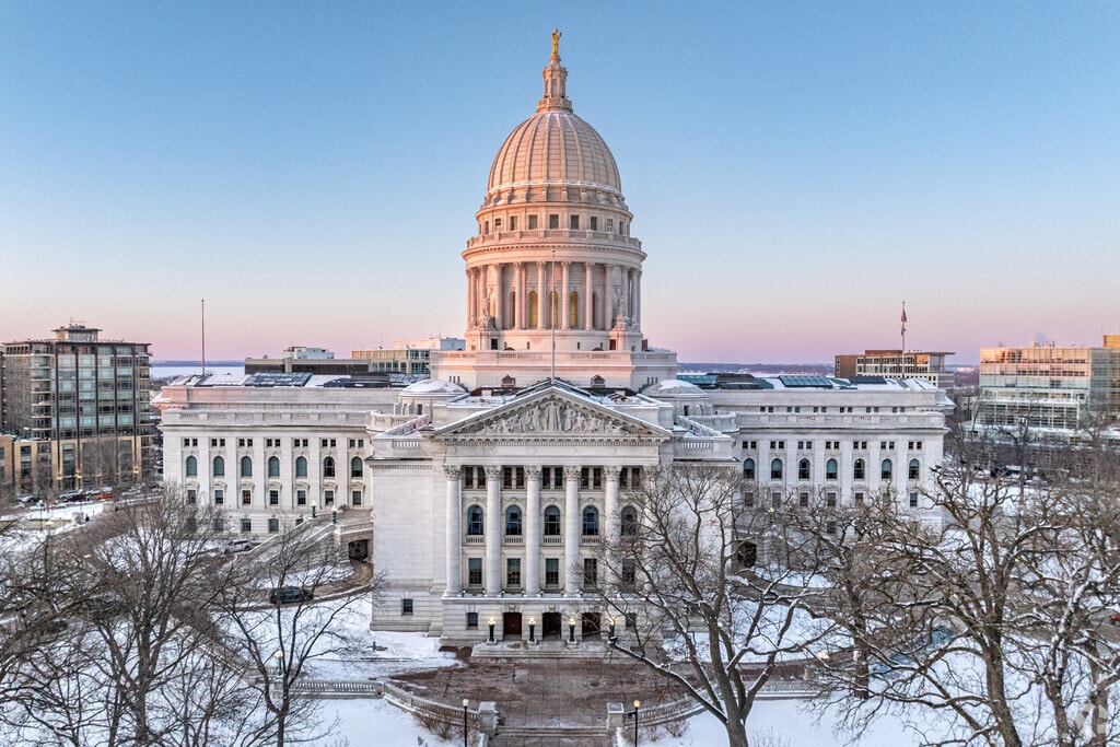 The Wisconsin State Capitol, completed in 1917, anchors Madison’s scenic downtown.