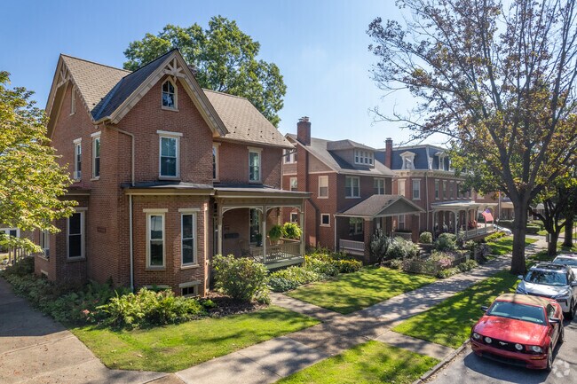 A row of historic brick homes inside of Kennett Square Historic District.
