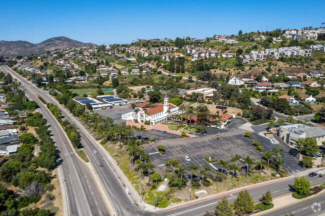 An elevated view of St. Therese Academy and Church located in Allied Gardens.