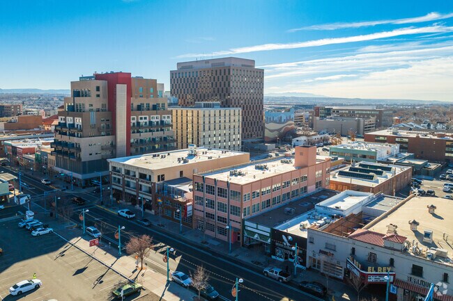Siembra Leadership High School among the other building found along Central Ave in Albuquerque.
