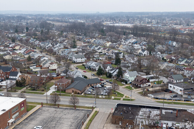 Aerial view of Old Brook High School and surrounding neighborhoods in Old Brooklyn.