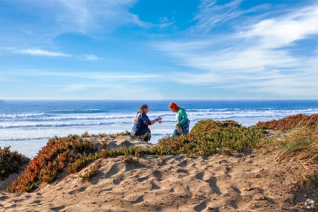 Two friends enjoying the beach at Outer Parkside.