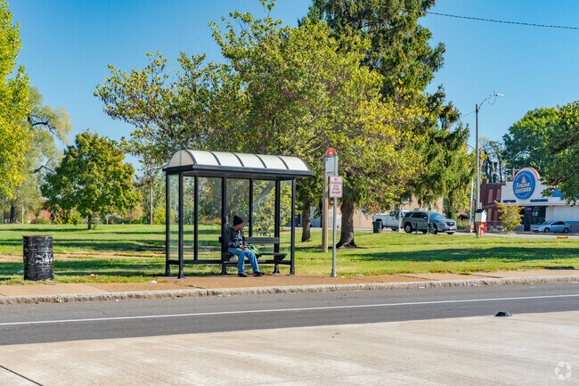 Covered bus stops with sitting can be found in Jeff-Vander-Lou neighborhood.