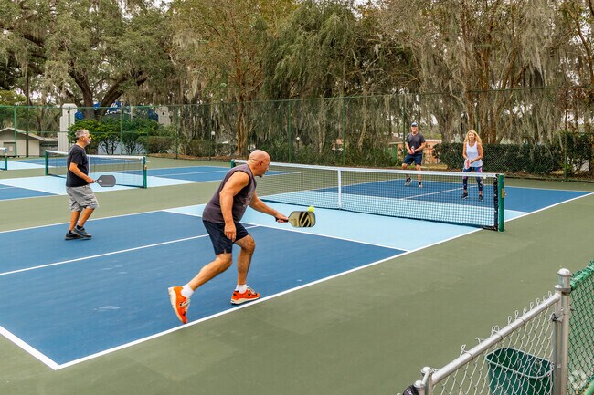 Residents playing pickle ball under the shade of large oak trees in Brooksville.