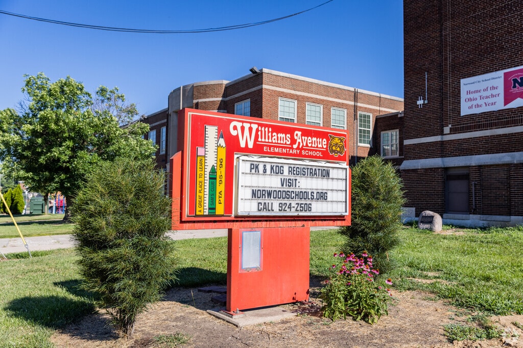 School sign in front of Williams Avenue Elementary School in the Norwood neighborhood.
