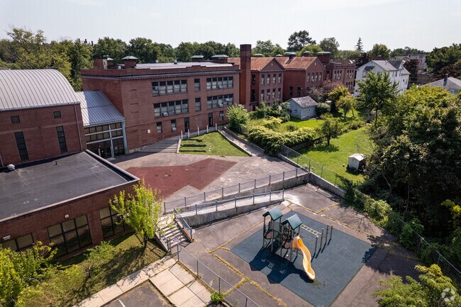 An accessible ramp leads to the outdoor recreation area of McDonough Middle School.