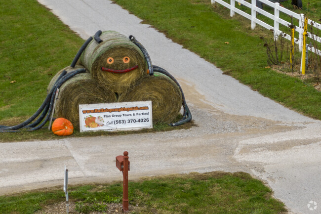 A haybale spider welcomes visitors to Buffalo Pumpkin Farms.
