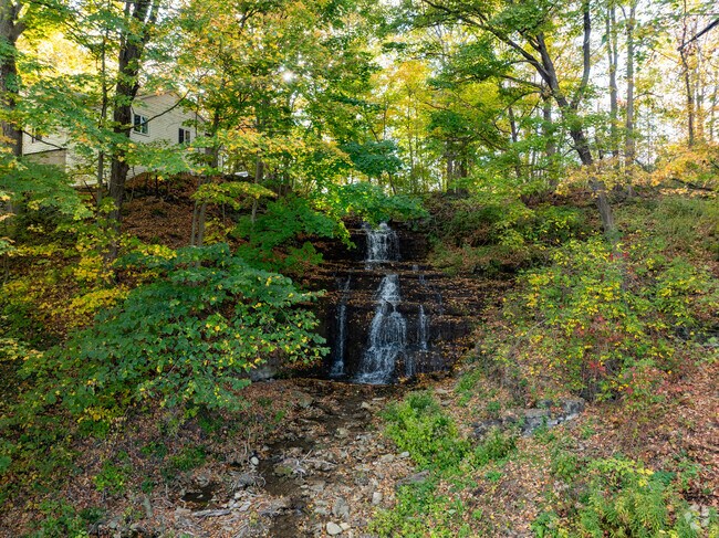Clarendon Falls, located within Clarendon Town Park, cascades over shale rock and provides a peaceful natural backdrop.