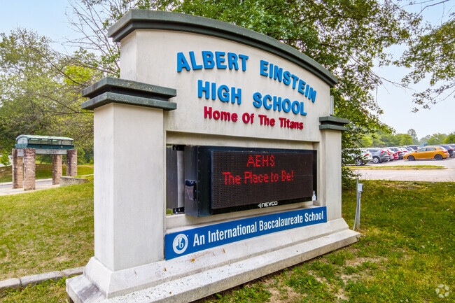 Albert Einstein High School has digital signage that displays school news.