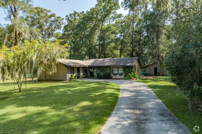 Houses in Coffee Bluff feature long driveways and mature shade trees.