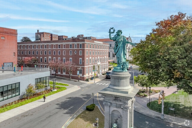The Soldiers Monument sculpture at the Waterbury Green greets Downtown Waterbury visitors.