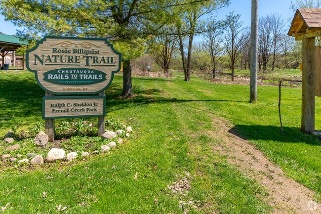 The trail head in the heart of Sherman Township leads to over 20 miles of the Chautauqua Rails to Trails.