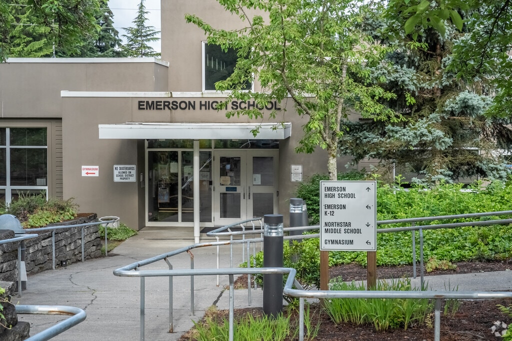 Emerson High School's entrance welcomes students in Central Houghton.