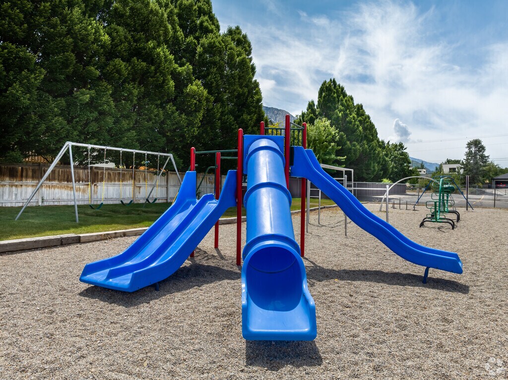 Bright blue slides on the playground at Reid School in East Millcreek.