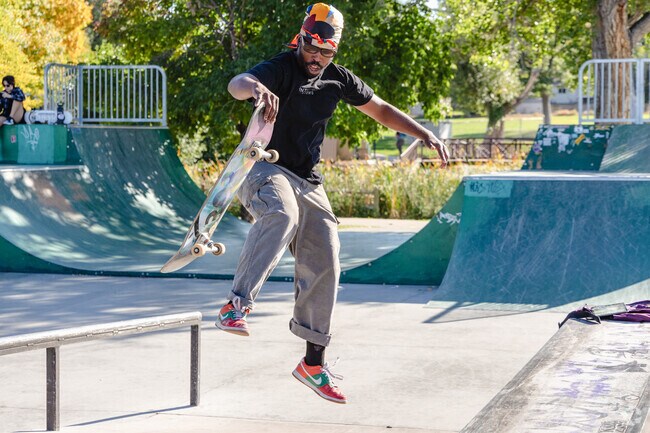 A resident takes advantage of the open skatepark at Cushing Park.