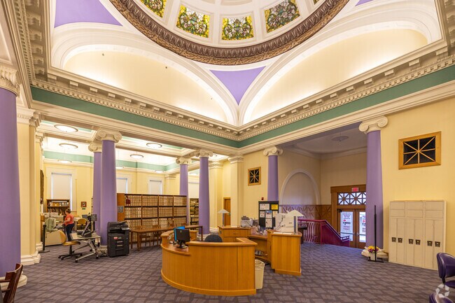 The historic Carnegie Library in Downtown Muncie is a local history & genealogy research focus.