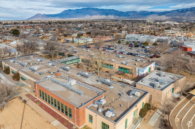 Freedom High School and the Sandia Mountains.