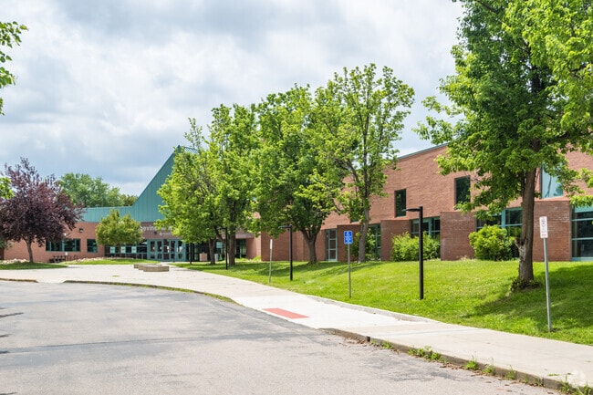 The sidewalk and entryway at Angevine Middle School in Lafayette, Colorado.