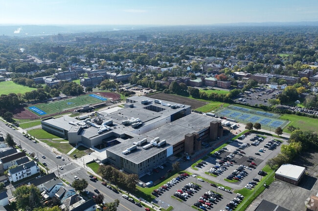 An aerial view of the campus of Albany High School.