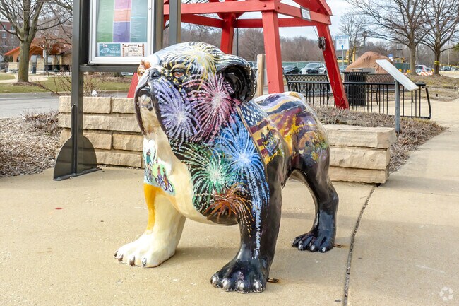 A painted bulldog sculpture stands proud at the Batavia Depot Museum.
