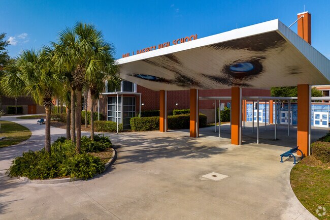 A large pair of husky eyes greets you at Hagerty High School in Live Oak Reserve.