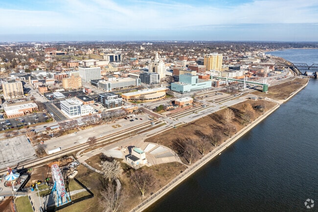 The hills of Davenport slope down to Downtown and the Mississippi River.