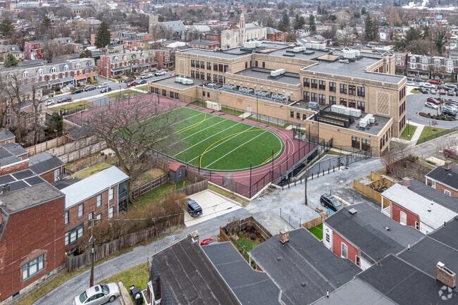 Reynolds Middle School fits in well into its urban environment without being too large.