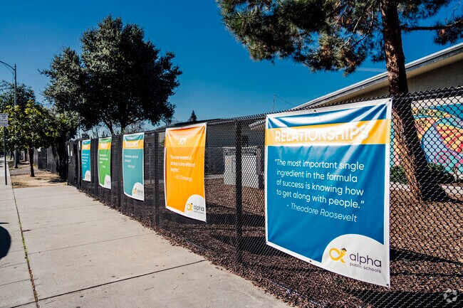 The signs of Alpha: Blanca Alvarado School in San Jose, California.