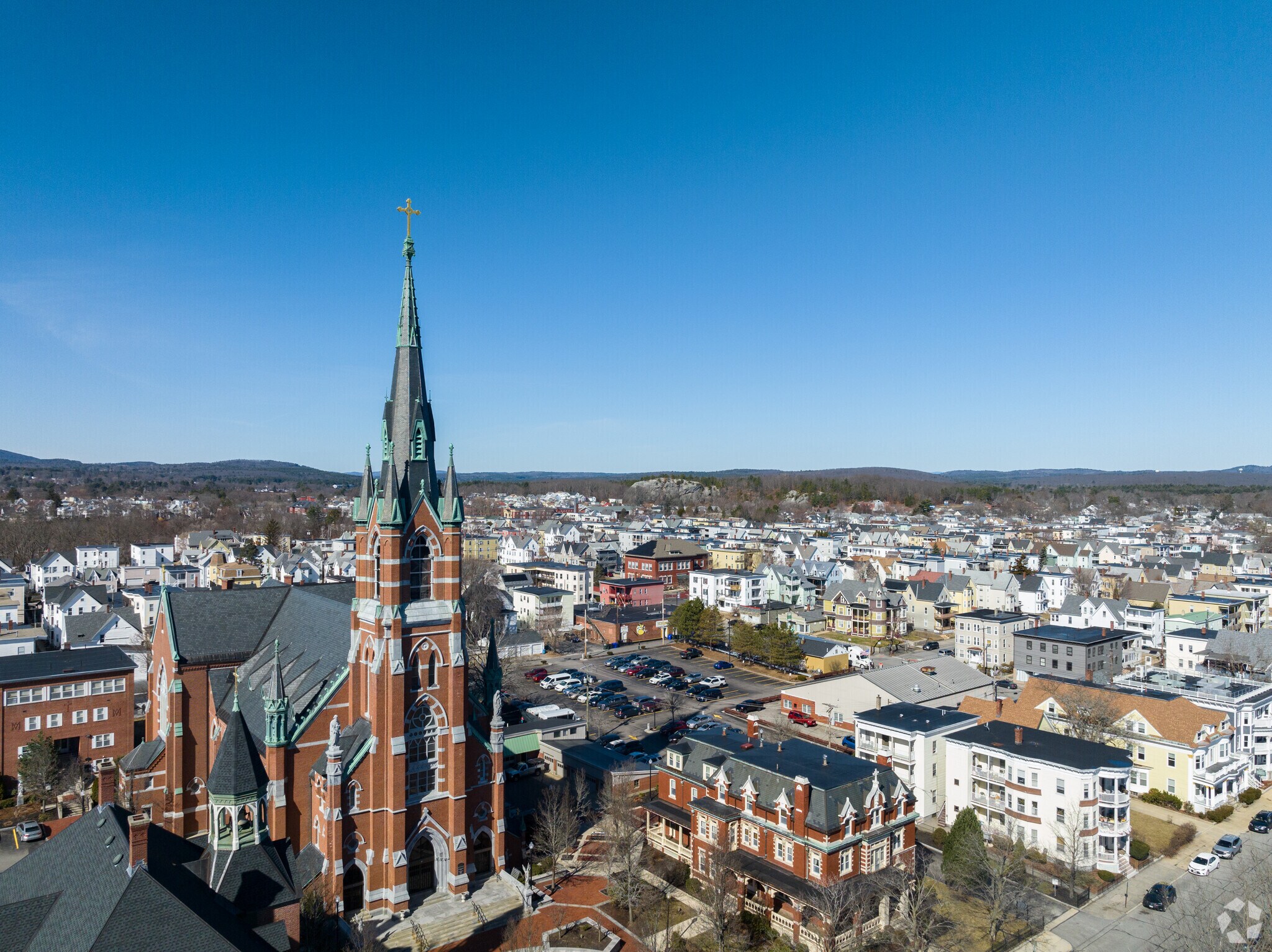 The Sainte Marie Roman Catholic Church dominates the skyline in Notre Dame, Manchester.