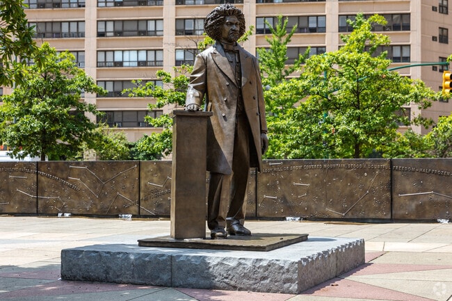Statue of Frederick Douglass stands on 110th Street in Manhattan Valley.