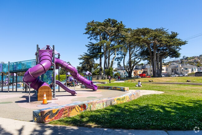 Purple Park Playground in Crocker Amazon has colorful play structures.