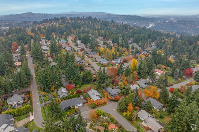 Aerial view of a tree-lined residential neighborhood in Marylhurst, West Linn in fall.