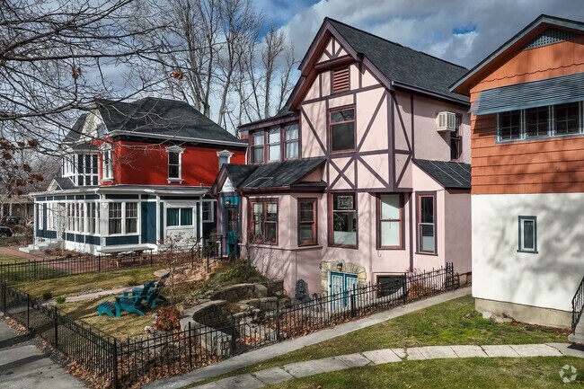 Rows of colorful two-story homes line the streets in downtown Boise.