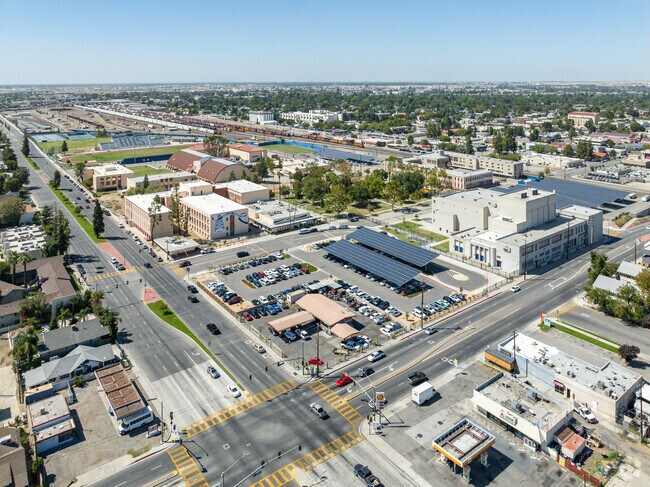 An aerial view of Bakersfield High School in Downtown Bakersfield.